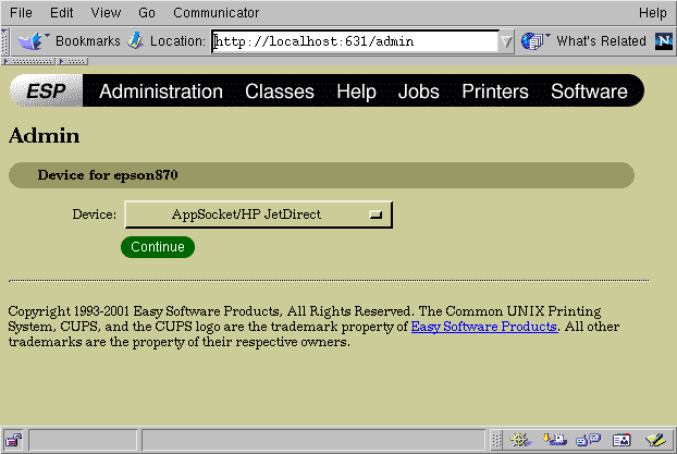The CUPS Admin Device Window
